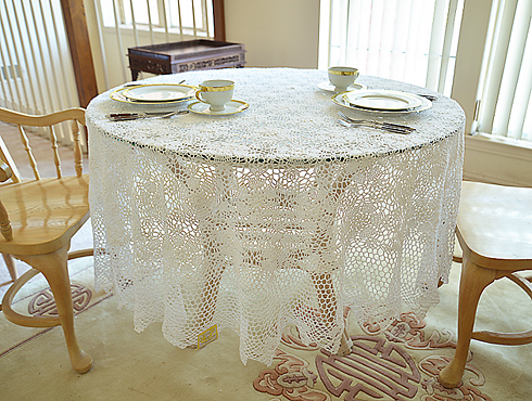 Crochet 90" x 90" Round Tablecloth. White